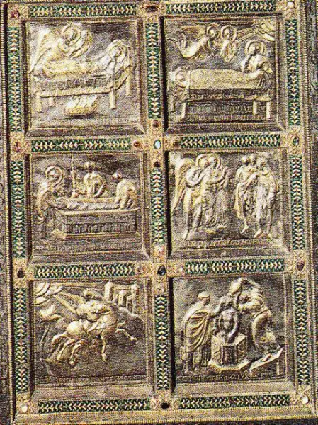 Vuolvinio, Altare di santAmbrogio. Frontone posteriore; le storie di Sant'Ambrogio.