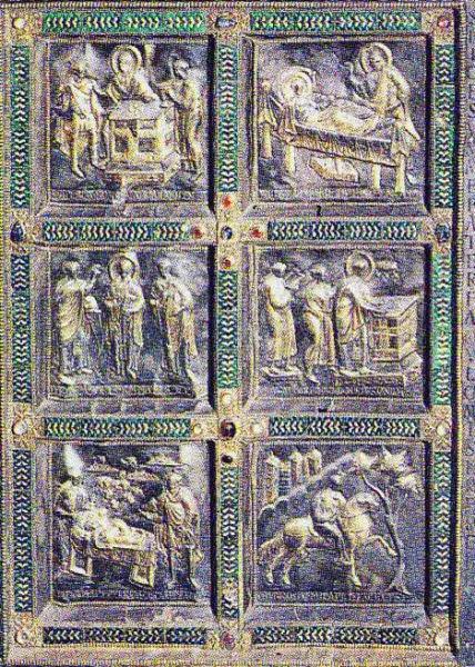 Vuolvinio, Altare di santAmbrogio. Frontone posteriore; le storie di Sant'Ambrogio.