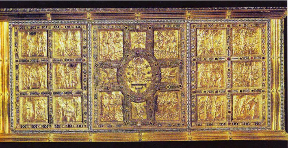 Vuolvinio e collaboratori, Altare di santAmbrogio, 835. Frontone anteriore intero, 85×220×122 cm. Parte anteriore dell'altare (IX secolo).