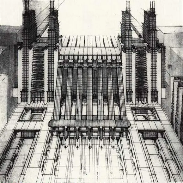 Antonio Sant'Elia. Un disegno in prospettiva da La Città Nuova, 1914.