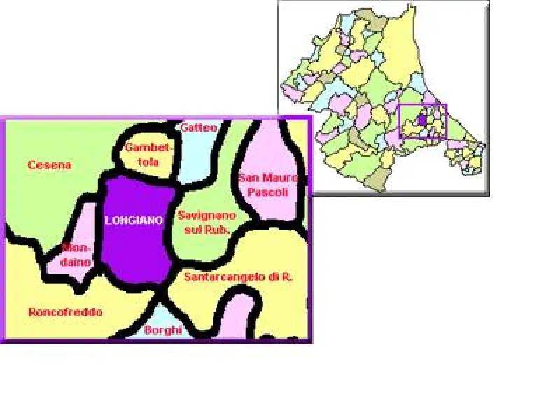 Cartina di Longiano. La posizione e divisione dei comuni vicini a Longiano.
