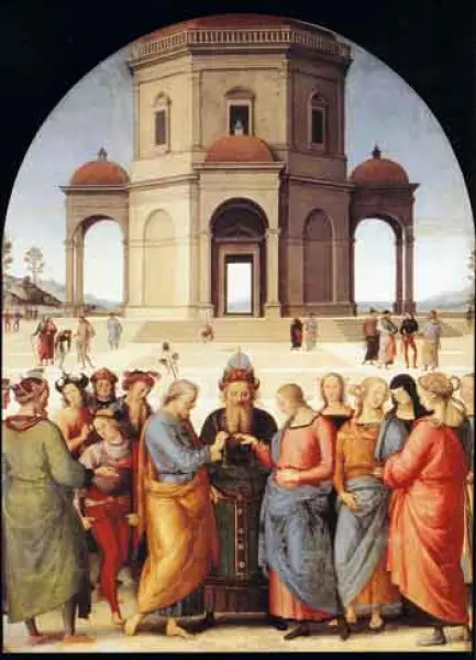 Pietro Perugino. Lo sposalizio della Vergine. 1502 ca. Olio su tavola. Caen, Musée des Beaux-Arts