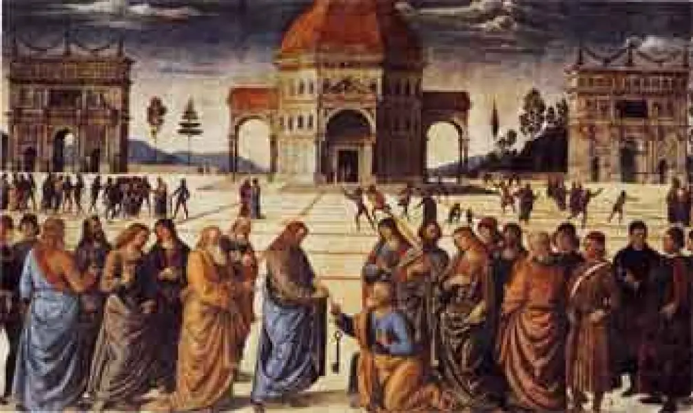 Pietro Perugino. La consegna delle chiavi. 1484. Affresco. Roma, Palazzi Vaticani, Cappella Sistina