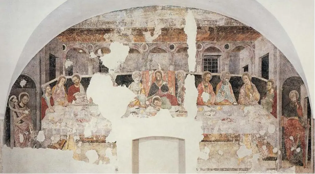 Floriano Ferramola e aiuti. Ultima cena. Affresco. XVI sec. Santa Maria in Solario. XII sec. Aula superiore. Brescia, Complesso di San Salvatore in Santa Giulia.