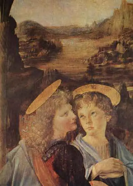 Leonardo da Vinci. Dett. Angelo e paesaggio nel Battesimo di Cristo di A. del Verrocchio. 1474-78. Olio su tavola. Firenze, Uffizi