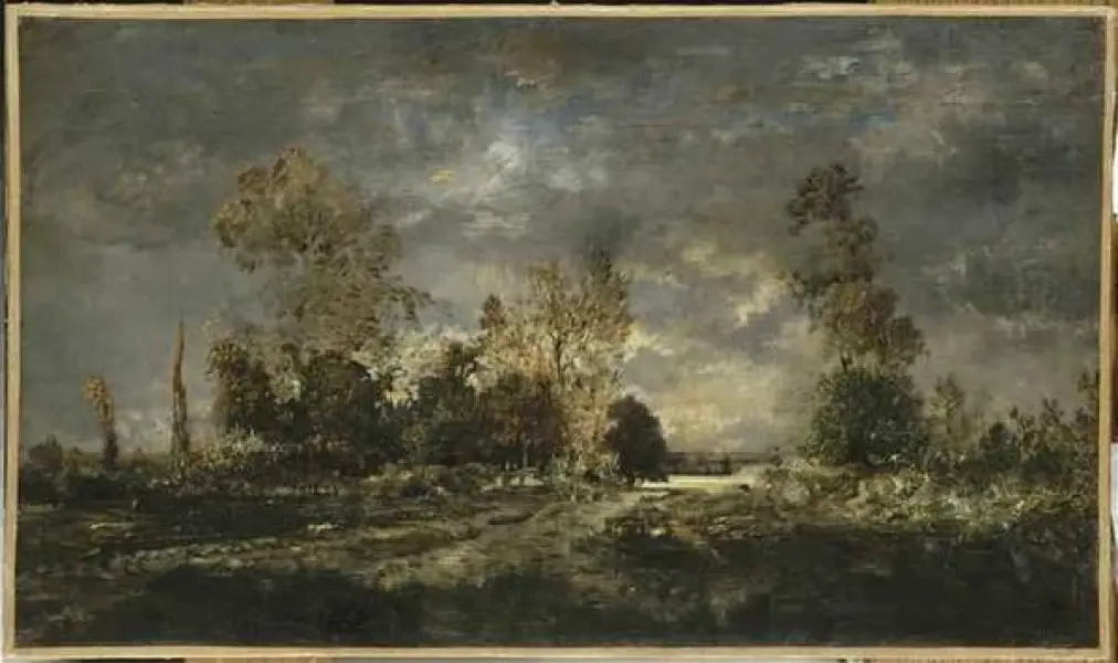 Theodore Rousseau. Strada nella foresta di Fontainebleu, effetto temporale (Route dans la foret de Fontainbleu,effet d'orage). 1860-1865. Olio su tela. Musee d'Orsay Parigi