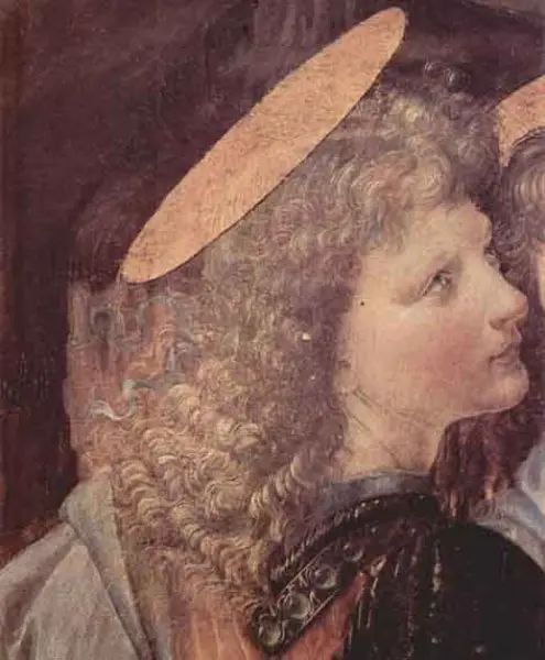Leonardo da Vinci. Part. Angelo nel Battesimo di Cristo di A. del Verrocchio. 1474-78. Olio su tavola.  Firenze, Uffizi
