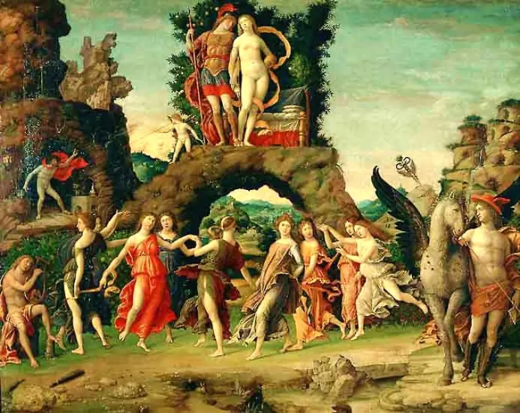 Andrea Mantegna, Parnaso, 1497
Marte, Venere, Apollo e le nove Muse, Mercurio e Pegaso sul monte Parnaso.