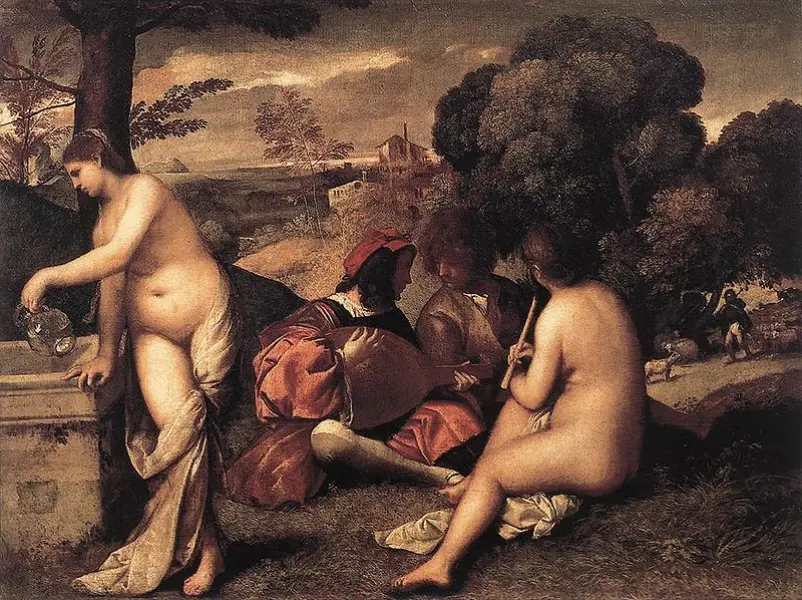 Tiziano Vecellio,(inizialmente  attribuito a Giorgione)Concerto campestre, 1509, Olio su tela, 118 x 138, Parigi, Museo del Louvre