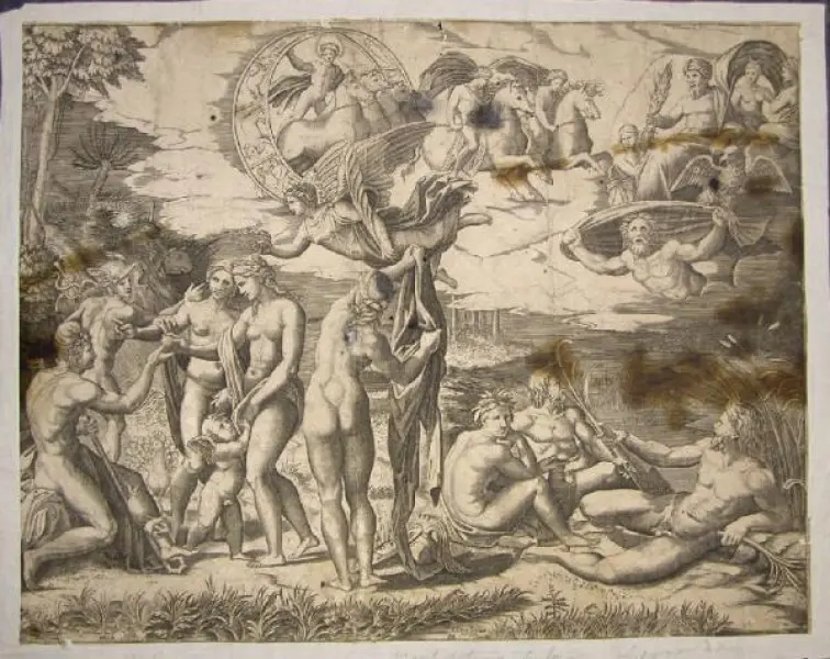 Marcantonio Raimondi. Il Giudizio di Paride. 1515-16 ca. (Copia dall'originale perduto di Raffaello). Incisione a stampa.  Menaggio (CO), Villa Mylius-Vigoni