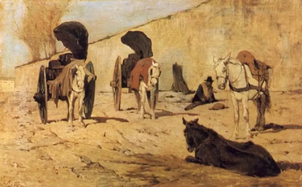 Giovanni Fattori, Barrocci romani, 1873, olio su tavola, 22x33 cm., Firenze, Galleria d'Arte Moderna