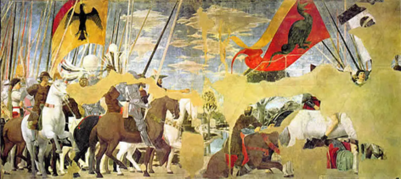 Piero della Francesca. Storie della Croce. La battaglia di Ponte Milvio. Affresco. 1452-66 Arezzo. Chiesa di san Francesco.
