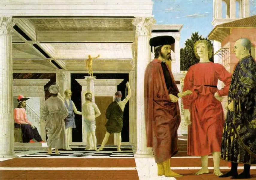 Piero della Francesca. Flagellazione di Cristo. 1453 ca. Olio su tavola. cm. 51X83. Urbino, Galleria Nazionale delle Marche