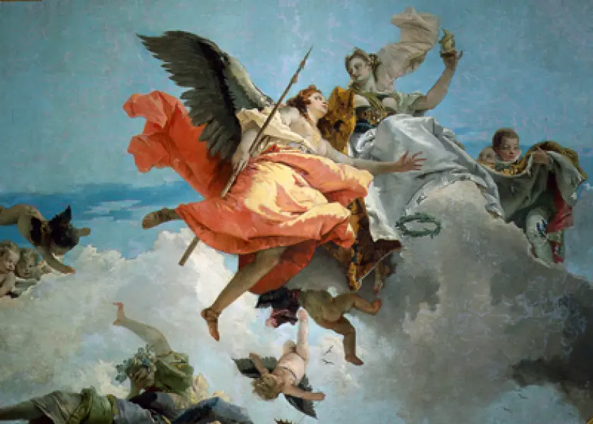 Giambattista Tiepolo. La Nobiltà e la Virtù vincono l'Ignoranza. 1744-45. Affresco.  Venezia, Ca' Rezzonico.