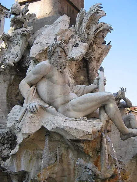 Gianlorenzo Bernini. Fontana dei Quattro Fiumi. 1648-1651. Part. del Gange. Travertino. Roma, piazza Navona