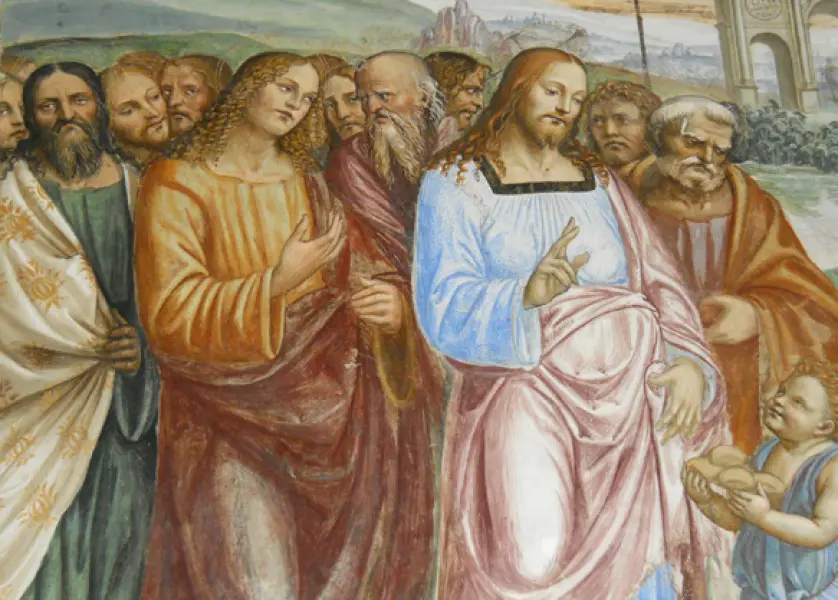 Sodoma. Moltiplicazione dei pani e dei pesci. Dett. Affresco. 1503-04. Pienza, Monastero di Sant'Anna in Camprena.
