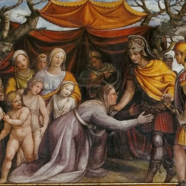 Giovanni Antonio Bazzi detto il Sodoma. Incontro di Alessandro con la famiglia di Dario. 1516-1518. Dett. Affresco. Roma, Farnesina.