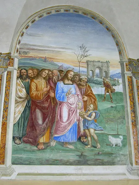 Giovanni Antonio Bazzi detto Sodoma. Moltiplicazione dei pani e dei pesci. Arco centrale. 1503-04. Affresco. Monastero di sant'Anna in Camprena.