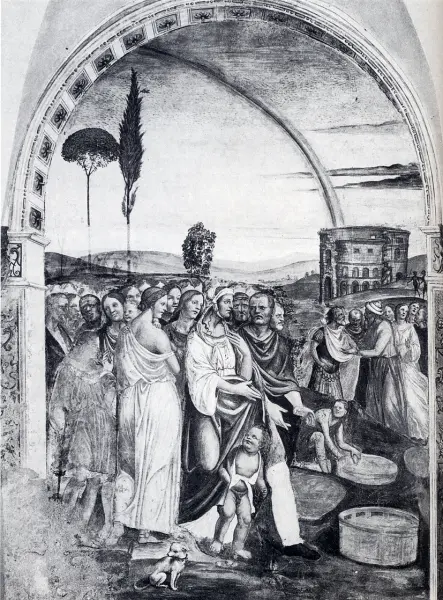 Giovanni Antonio Bazzi detto Sodoma. Moltiplicazione dei pani e dei pesci Arco a sinistra. 1503-04. Affresco. Monastero di sant'Anna in Camprena.