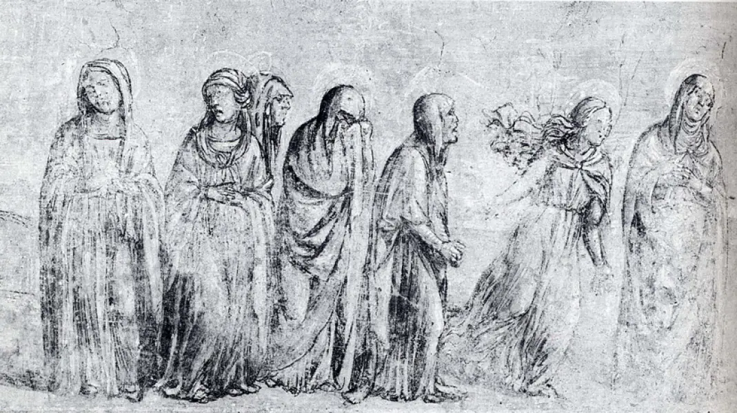 Giovanni Antonio Bazzi detto il Sodoma. Le Marie al sepolcro.Affresco. Part. del fregio in monocromo. 1508-09. Subiaco Chiesa di San Francesco.