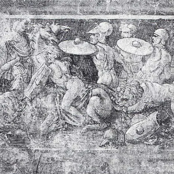 Giovanni Antonio Bazzi detto il Sodoma. Battaglia all'antica. Part. Affresco. Part. del fregio in monocromo. 1508-09. Subiaco Chiesa di San Francesco.