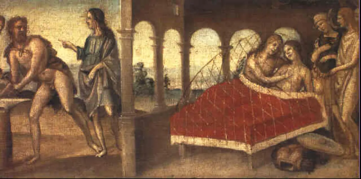 Giovanni Antonio Bazzi, detto il Sodoma. Venere e Marte nella rete di Vulcano. 1505 ca. New York, Metropolitan Museum.