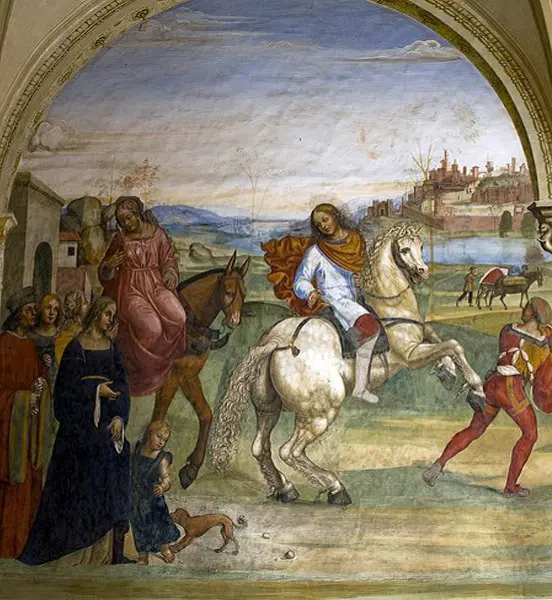 Sodoma. San Benedetto lascia la casa paterna. Affresco. 1503-04 Monastero di Monte Oliveto Maggiore