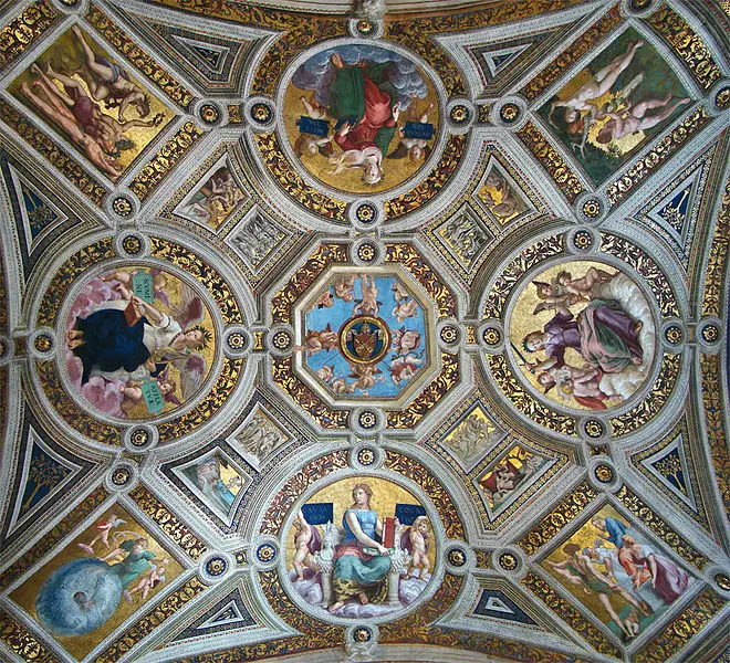 Giovanni Antonio bazzi detto il Sodoma e Raffaello. Soffitto della Stanza della Segnatura. 1508-09. Affresco. Roma, Vaticano.