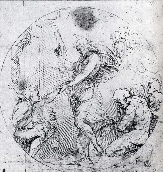 Raffaello. Cristo al Limbo. 1510. Disegno a penna. Firenze Gabinetto Disegni e Stampe degli Uffizi. Fonte: R. Bartalini. Le occasioni del Sodoma. dalla Milano di Leonardo alla Roma di Raffaello. Donzelli Editore, Roma, 1996