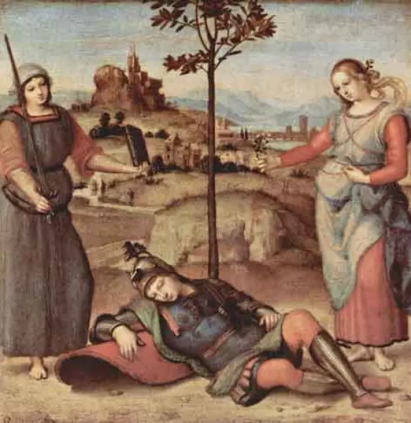 Raffaello Sanzio. Il sogno del cavaliere. 1504-5. Olio su tavola. cm. 17X17. Londra, National Gallery