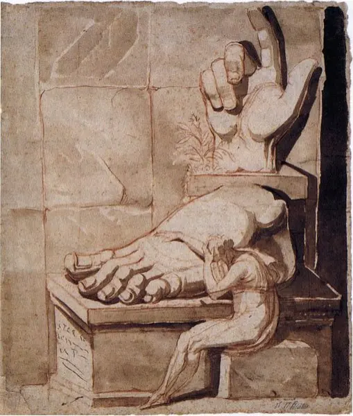 Johann Heinrich Füssli. La disperazione dell'artista davanti alle rovine antiche. 1778-79. Acquerello. cm. 42X27,2 Milano, Civica Raccolta Stampe Bertarelli.