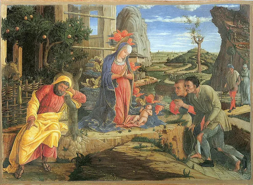 Andrea Mantegna. Adorazione dei pastori. 1450-1451 Tempera su tavola trasferita su tela. 40 × 55,6 cm. New York, Metropolitan Museum of Art