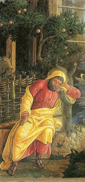 Andrea Mantegna. Adorazione dei pastori. Dett. del san Giuseppe. 1450-1451 Tempera su tavola trasferita su tela. 40 × 55,6 cm. New York, Metropolitan Museum of Art