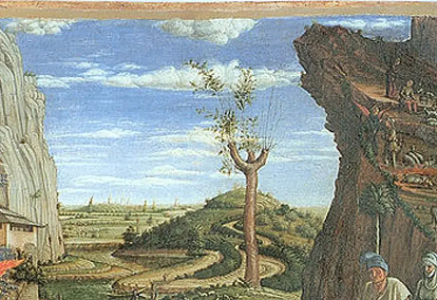 Andrea Mantegna. Adorazione dei pastori. Dett. del paesaggio. 1450-1451 Tempera su tavola trasferita su tela. 40 × 55,6 cm. New York, Metropolitan Museum of Art