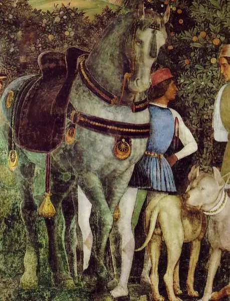 Andrea Mantegna. Famigli con cavallo e cani. Dett. della Camera degli Sposi. Affresco. Mantova, Palazzo Ducale