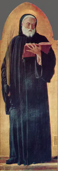 <p>Andrea Mantegna. Polittico di san Luca. San Benedetto. 1453-55. Tempera su tavola. Milano, Brera.</p>