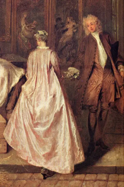 Antoine Watteau.L'insegna di Gersaint. Dett. 1723. Berlino, Castello di Carlottenburg. Abito femminile à plis Watteau. Marsina e veste maschile con culottes.