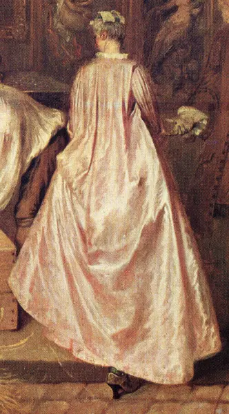 Antoine Watteau.L'insegna di Gersaint. Dett. 1723. Berlino, Castello di Carlottenburg. Abito femminile à plis Watteau.