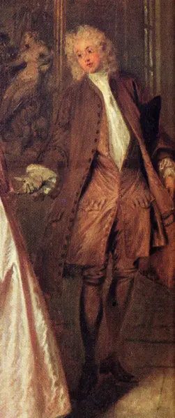 Antoine Watteau.L'insegna di Gersaint. Dett. 1723. Berlino, Castello di Carlottenburg.  Marsina e veste maschile con culottes.