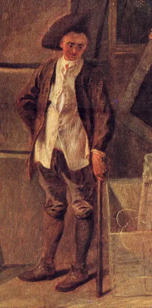 Antoine Watteau.L'insegna di Gersaint. Dett. 1723. Berlino, Castello di Carlottenburg. Esempio di abbigliamento popolare maschile.