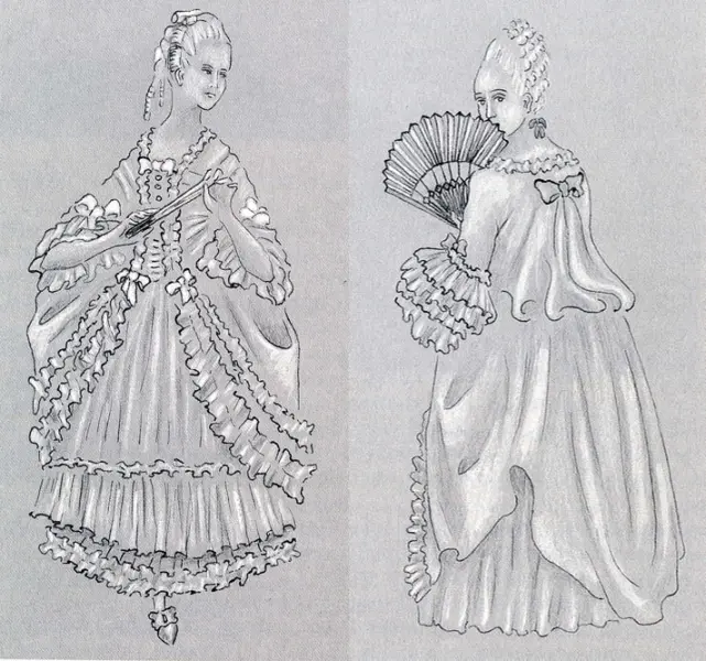 Figurini di abito a doppio panier.  Fonte: C. Giorgetti. Manuale di Storia del Costume e della Moda. Cantini Gruppo D'Adamo Editore, Firenze