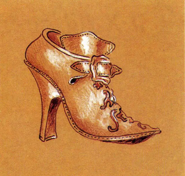Esempio di scarpa stile Luigi XV. Fonte: C. Giorgetti. Manuale di Storia del Costume e della Moda. Cantini Gruppo D'Adamo Editore, Firenze