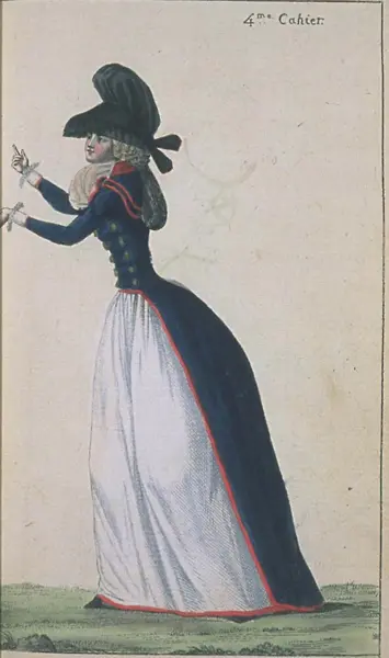 Figurino di abito femminile patriottico. Uniforma bianca rossa e blu. 1790. Journal de la Mode et du  Gout.