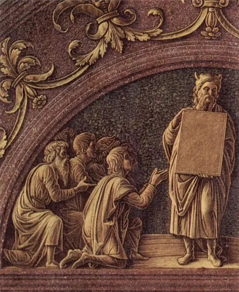 Andrea Mantegna. Circoncisione. Dett con Mosè e le tavole delle leggi. Tempera su tavola. cm42,5X76,5. Firenze, Uffizi