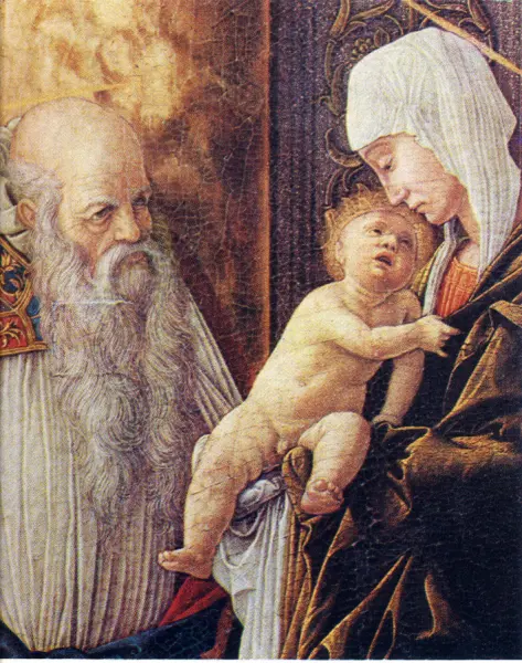 Andrea Mantegna. Circoncisione. Dett. Madonna col Bambino e sacerdote. Tempera su tavola. cm42,5X76,5. Firenze, Uffizi