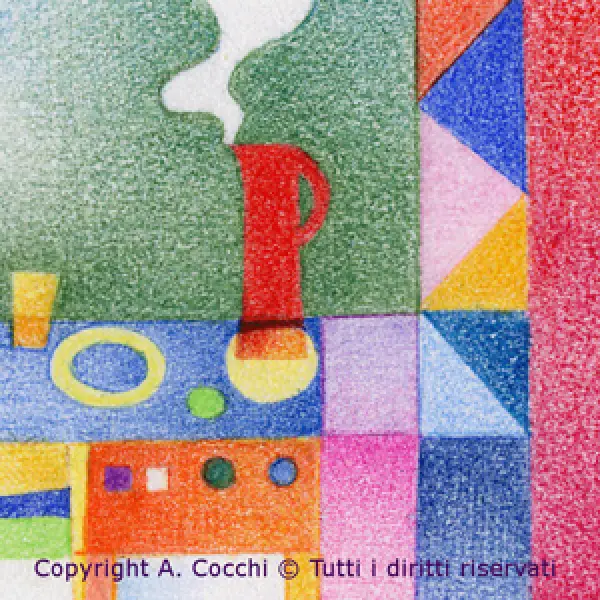 A. Cocchi. Caffè color. Illustrazione jpg tratta da originale a pastelli.