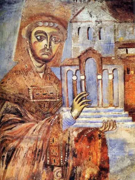 L'abate Desiderio con il modello della chiesa. XI sec. Affresco. Abbazia di Sant'Angelo in Formis, Caserta.