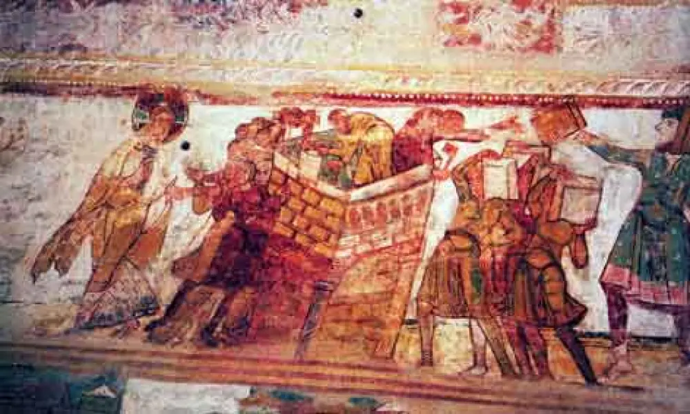 Costruzione della Torre di Babele. Storie del Vecchio Testamento. fine XI sec. Abbazia di Saint-Savin-sur-Gartempe (Francia)