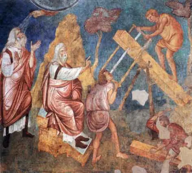 Giotto. La costruzione dell'arca di Noè. Part. Storie dell'Antico Testamento. 1288-1300. Affresco. Basilica Superiore di San Francesco. Assisi