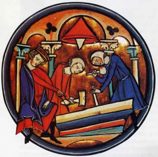 L'architetto indica agli scalpellini come eseguire i lavori. Fine XIII sec. Parigi, Biblioteca Nazionale